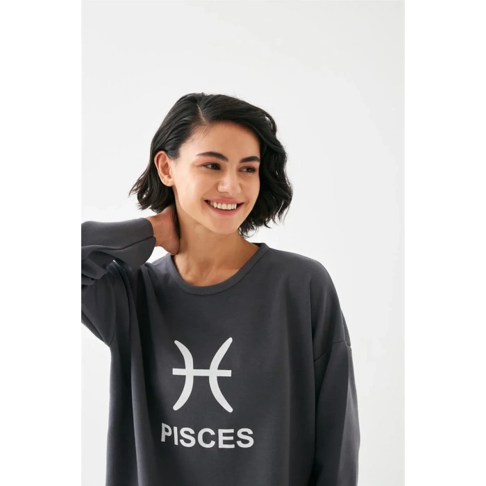 Moda Kadın Füme Balık Burcu Oversize 2 İplik Eşofman Ev Giyim Takımı