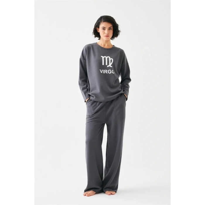 Moda Kadın Füme Başak Burcu Oversize 2 İplik Eşofman Ev Giyim Takımı