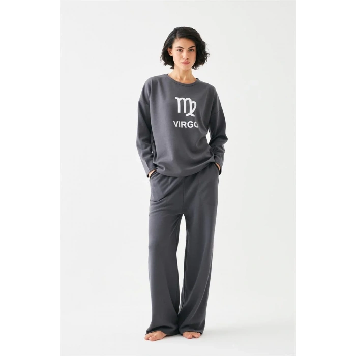 Moda Kadın Füme Başak Burcu Oversize 2 İplik Eşofman Ev Giyim Takımı