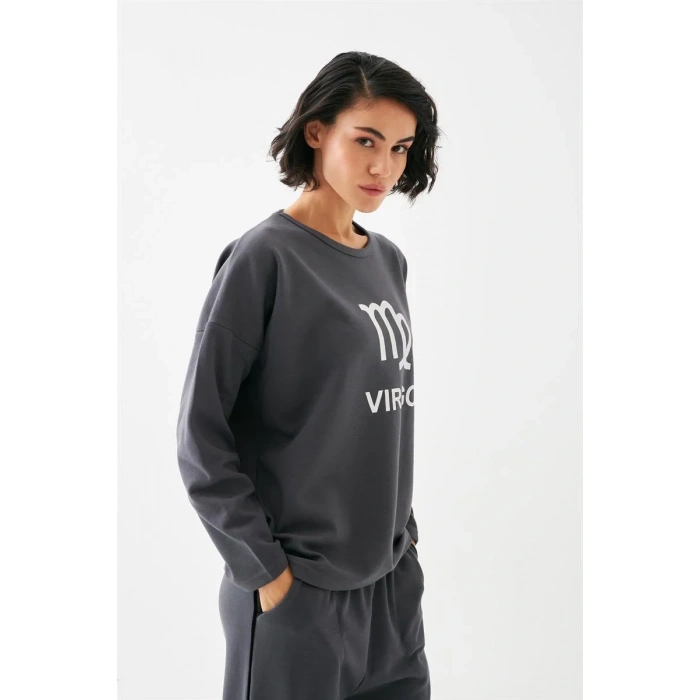 Moda Kadın Füme Başak Burcu Oversize 2 İplik Eşofman Ev Giyim Takımı