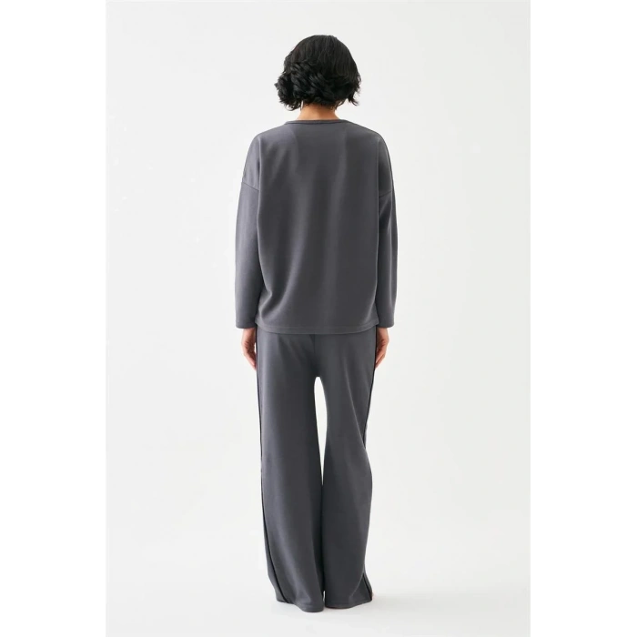 Moda Kadın Füme Başak Burcu Oversize 2 İplik Eşofman Ev Giyim Takımı