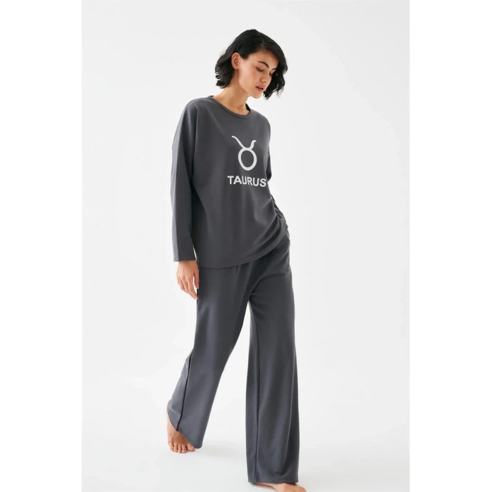 Moda Kadın Füme Boğa Burcu Oversize 2 İplik Eşofman Ev Giyim Takımı