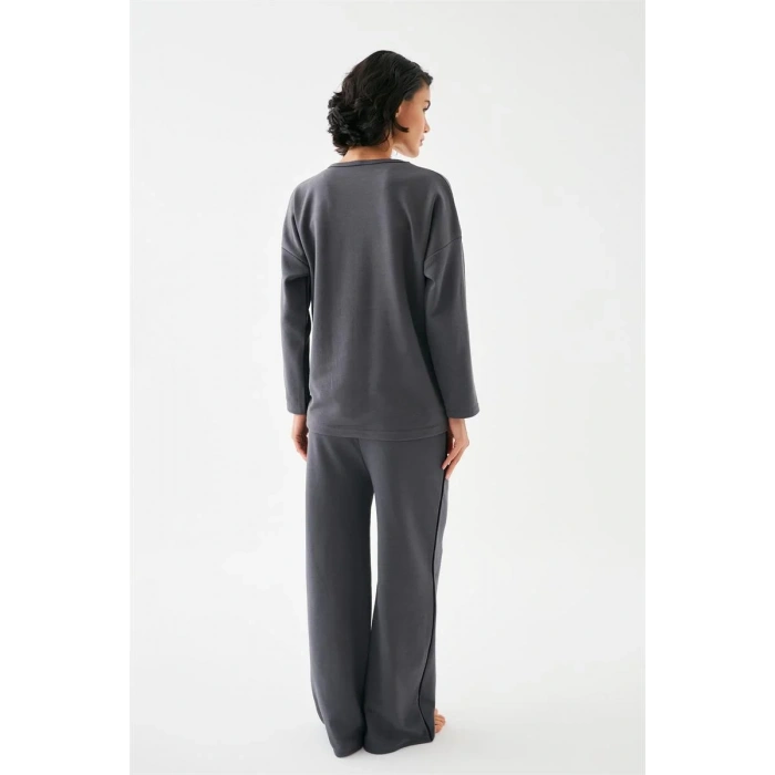 Moda Kadın Füme Kova Burcu Oversize 2 İplik Eşofman Ev Giyim Takımı