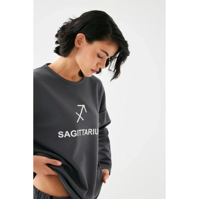 Moda Kadın Füme Yay Burcu Oversize 2 İplik Eşofman Ev Giyim Takımı