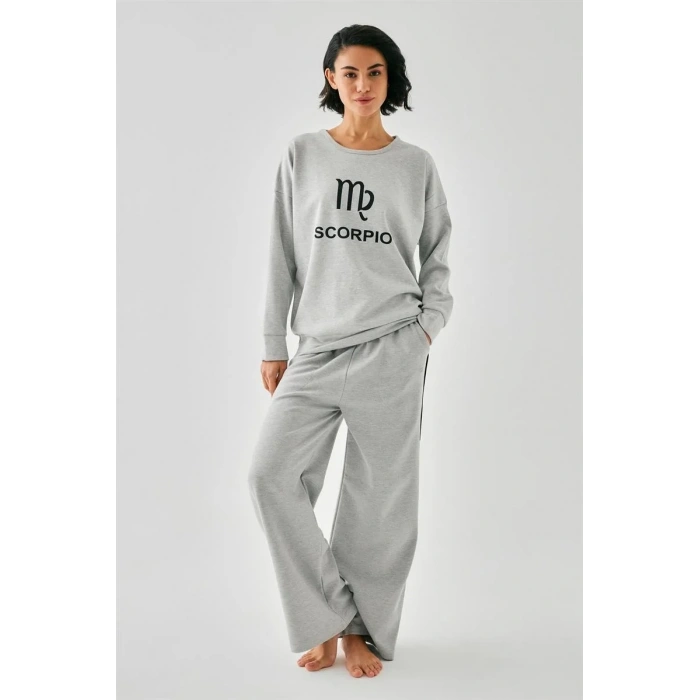 Moda Kadın Gri Akrep Burcu Oversize 2 İplik Eşofman Ev Giyim Takımı