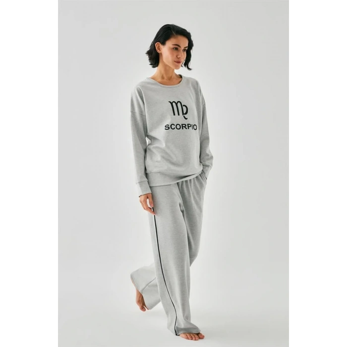 Moda Kadın Gri Akrep Burcu Oversize 2 İplik Eşofman Ev Giyim Takımı
