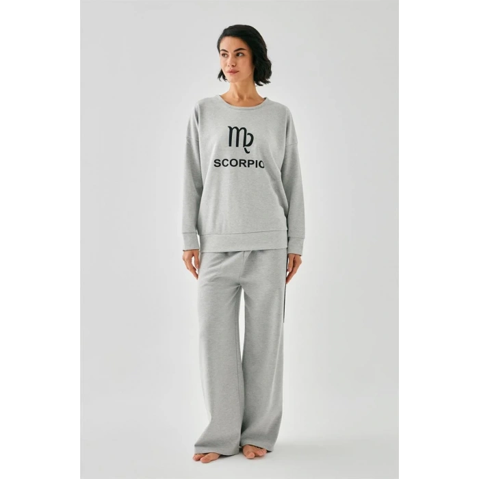 Moda Kadın Gri Akrep Burcu Oversize 2 İplik Eşofman Ev Giyim Takımı