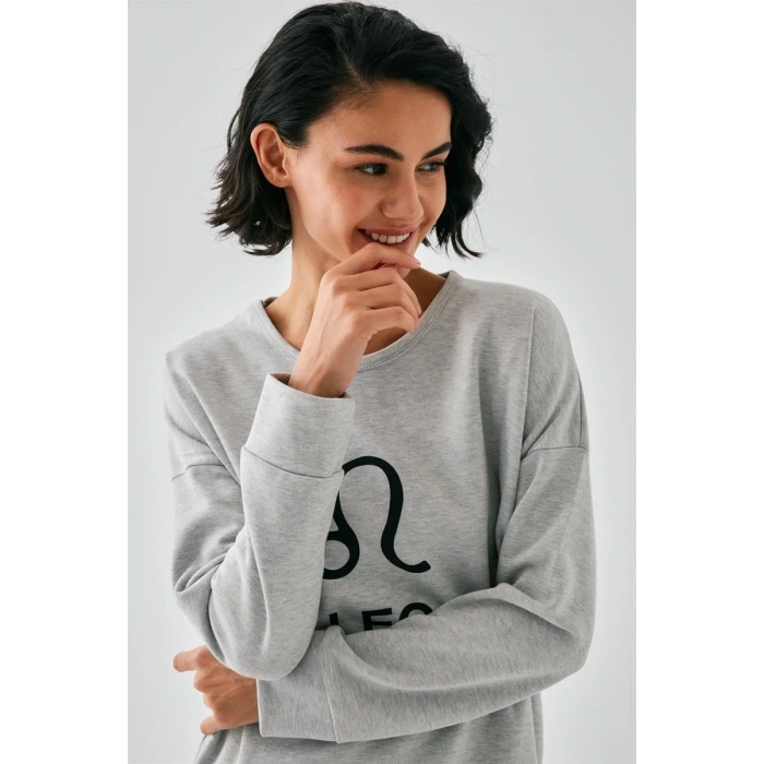 Moda Kadın Gri Aslan Burcu Oversize 2 İplik Eşofman Ev Giyim Takımı