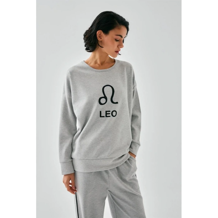 Moda Kadın Gri Aslan Burcu Oversize 2 İplik Eşofman Ev Giyim Takımı