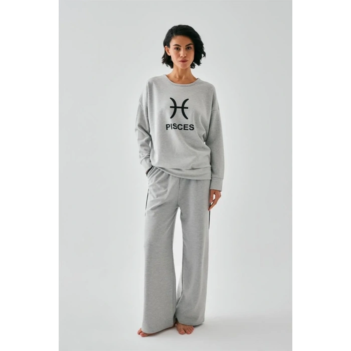 Moda Kadın Gri Balık Burcu Oversize 2 İplik Eşofman Ev Giyim Takımı
