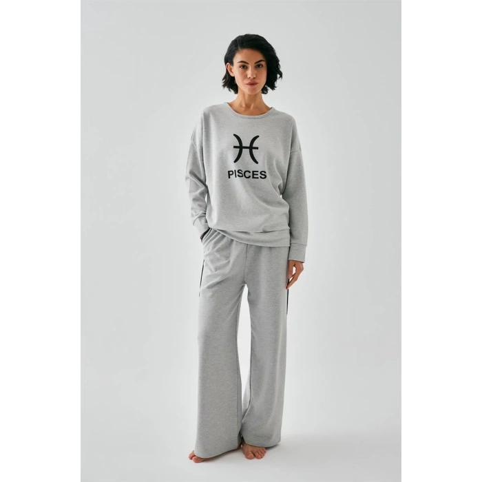 Moda Kadın Gri Balık Burcu Oversize 2 İplik Eşofman Ev Giyim Takımı