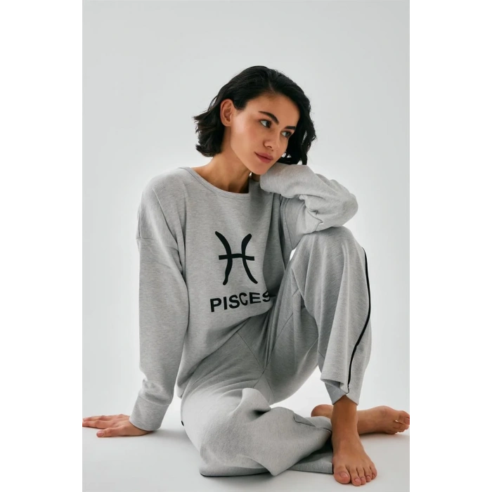 Moda Kadın Gri Balık Burcu Oversize 2 İplik Eşofman Ev Giyim Takımı