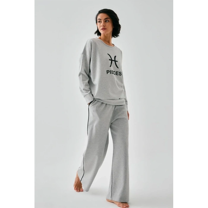 Moda Kadın Gri Balık Burcu Oversize 2 İplik Eşofman Ev Giyim Takımı