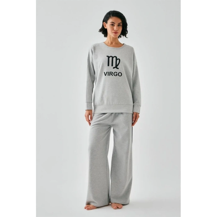 Moda Kadın Gri Başak Burcu Oversize 2 İplik Eşofman Ev Giyim Takımı