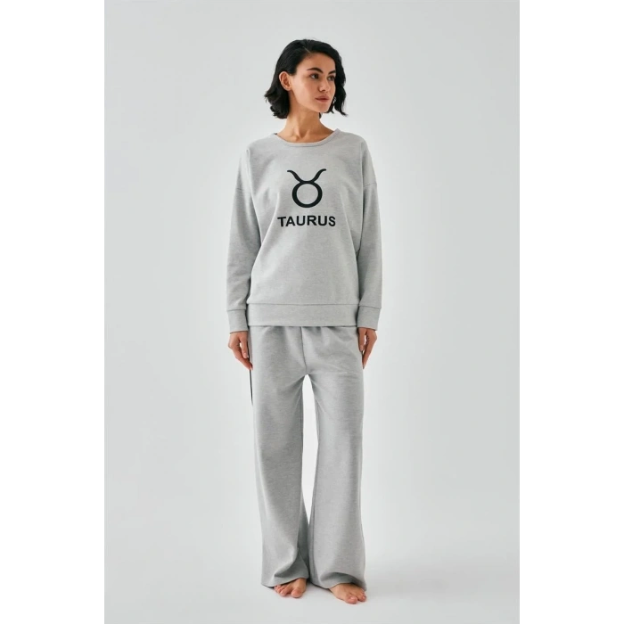 Moda Kadın Gri Boğa Burcu Oversize 2 İplik Eşofman Ev Giyim Takımı