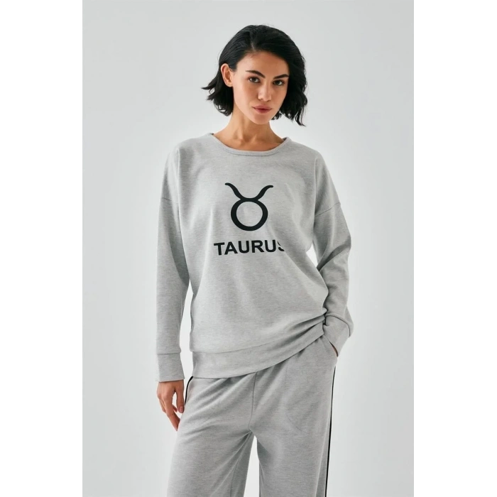 Moda Kadın Gri Boğa Burcu Oversize 2 İplik Eşofman Ev Giyim Takımı