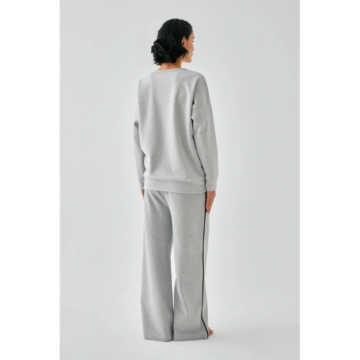 Moda Kadın Gri Boğa Burcu Oversize 2 İplik Eşofman Ev Giyim Takımı