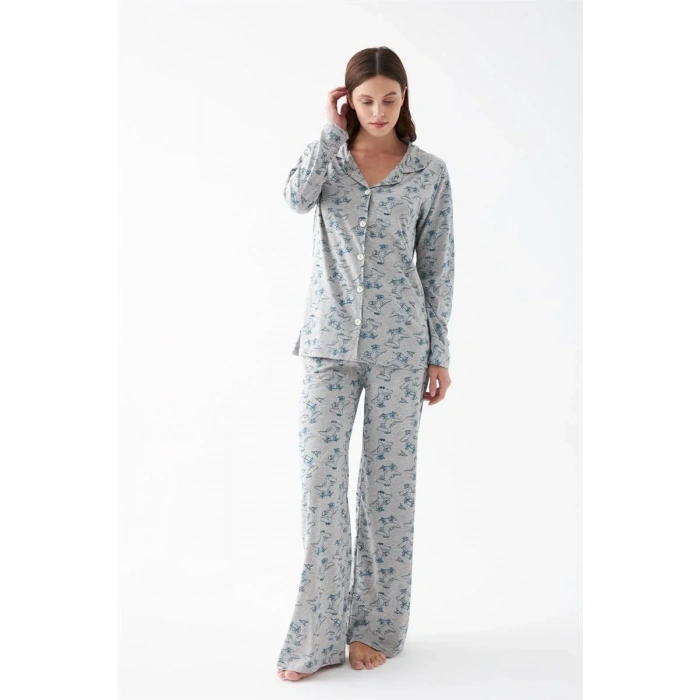 Moda Kadın Gri Desenli Düğmeli Pamuklu Pijama Takımı