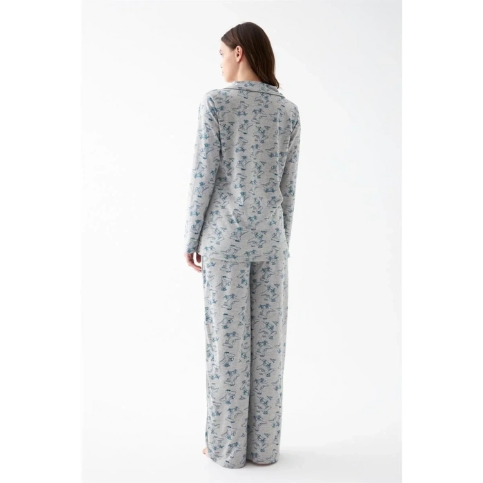 Moda Kadın Gri Desenli Düğmeli Pamuklu Pijama Takımı