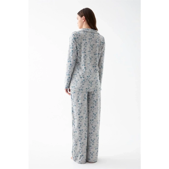 Moda Kadın Gri Desenli Düğmeli Pamuklu Pijama Takımı
