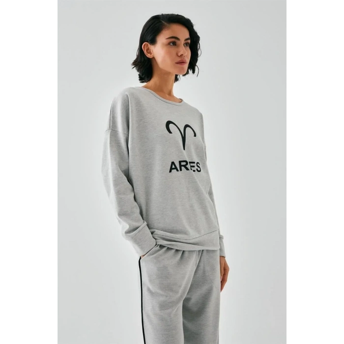 Moda Kadın Gri Koç Burcu Oversize 2 İplik Eşofman Ev Giyim Takımı