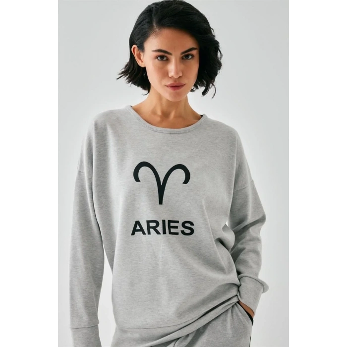 Moda Kadın Gri Koç Burcu Oversize 2 İplik Eşofman Ev Giyim Takımı