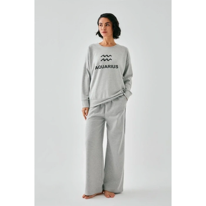 Moda Kadın Gri Kova Burcu Oversize 2 İplik Eşofman Ev Giyim Takımı