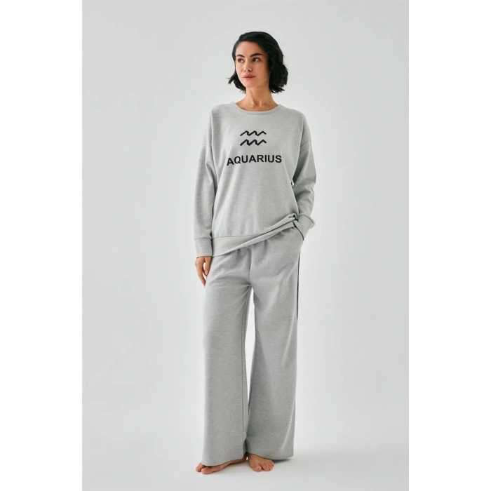 Moda Kadın Gri Kova Burcu Oversize 2 İplik Eşofman Ev Giyim Takımı