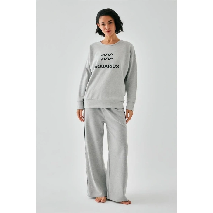 Moda Kadın Gri Kova Burcu Oversize 2 İplik Eşofman Ev Giyim Takımı