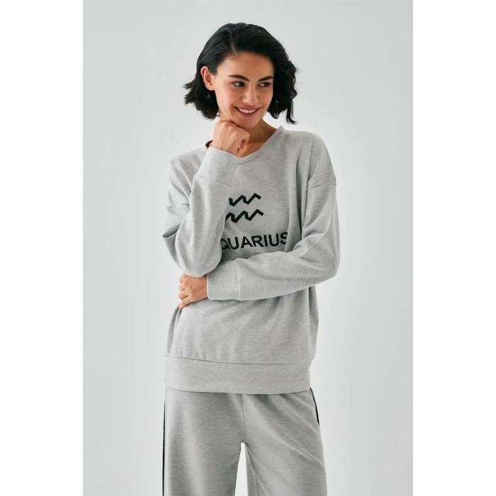 Moda Kadın Gri Kova Burcu Oversize 2 İplik Eşofman Ev Giyim Takımı