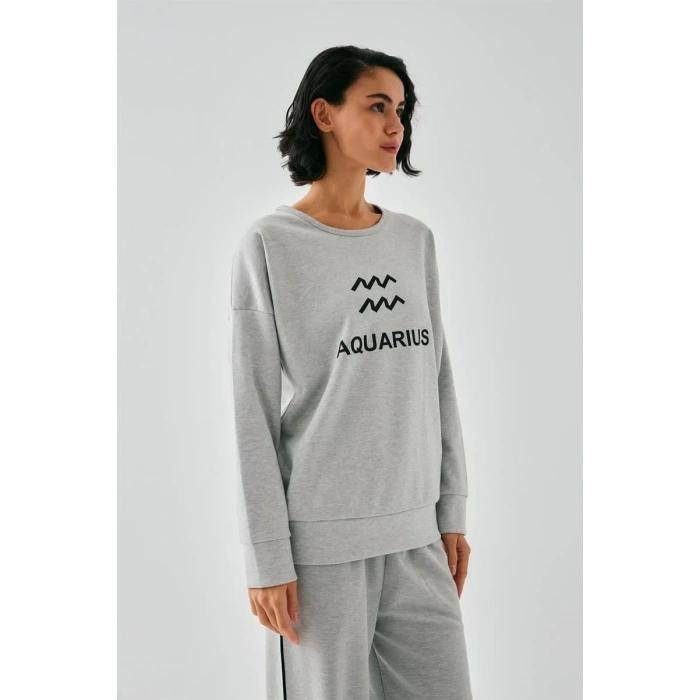 Moda Kadın Gri Kova Burcu Oversize 2 İplik Eşofman Ev Giyim Takımı