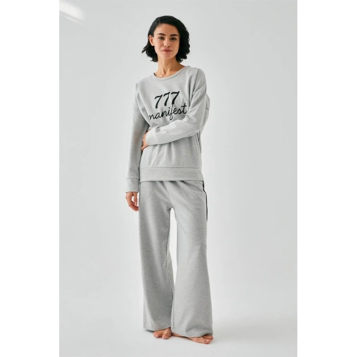 Moda Kadın Gri Manifest Oversize 2 İplik Eşofman Ev Giyim Takımı