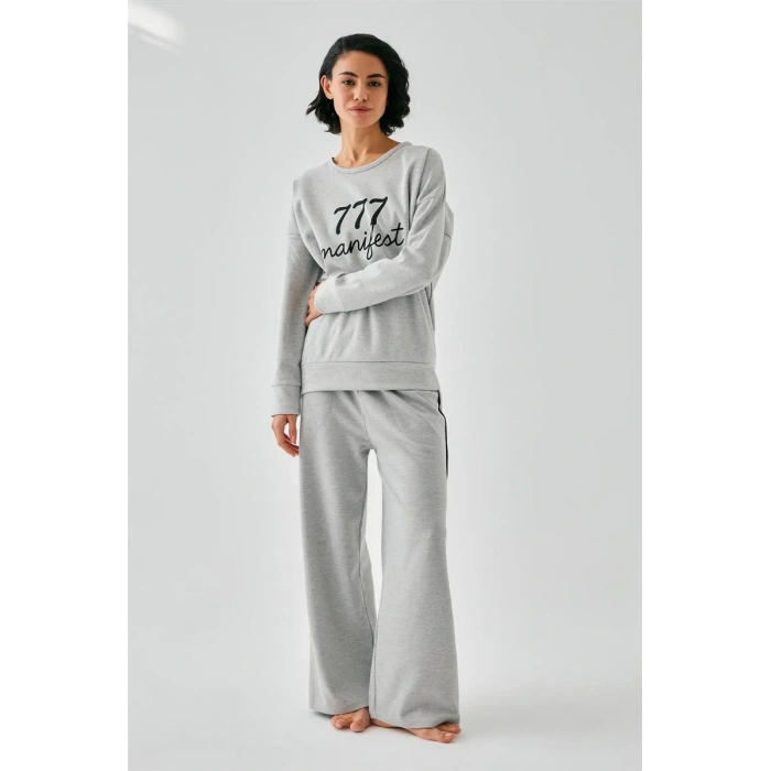 Moda Kadın Gri Manifest Oversize 2 İplik Eşofman Ev Giyim Takımı