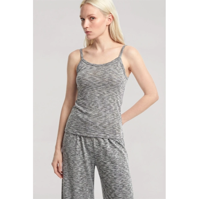 Moda Kadın Gri Melanj İp Askılı Atlet Yumuşak Dokulu Minimal Tasarım Günlük Basic Üst