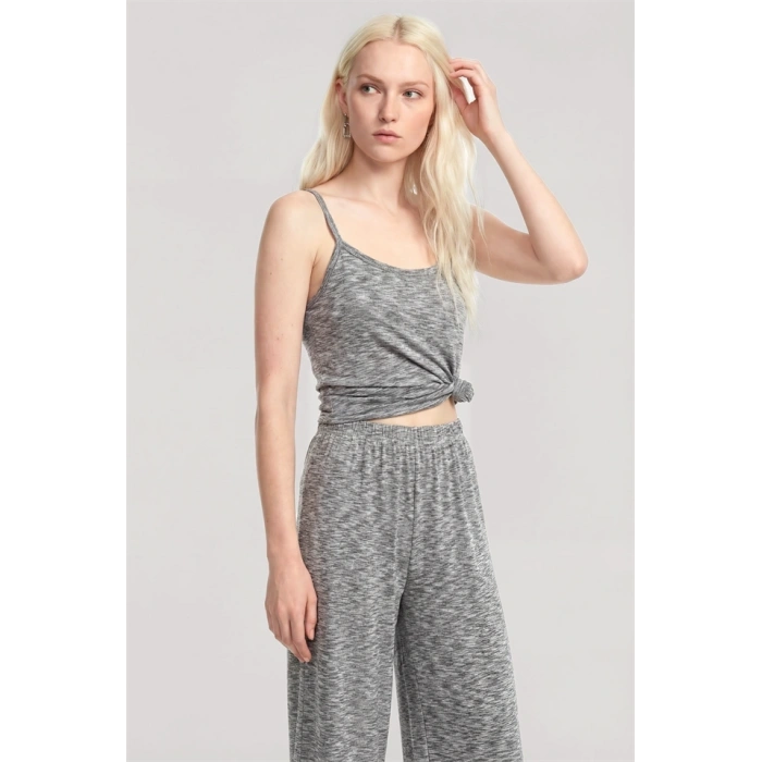 Moda Kadın Gri Melanj İp Askılı Atlet Yumuşak Dokulu Minimal Tasarım Günlük Basic Üst