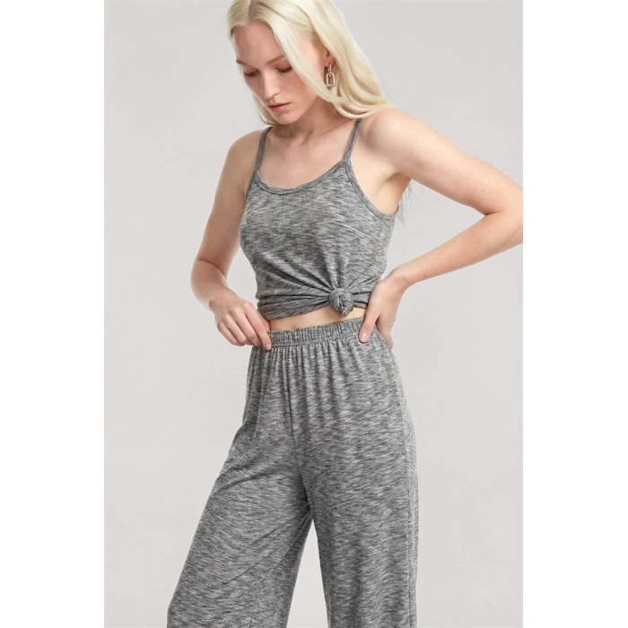 Moda Kadın Gri Melanj İp Askılı Atlet Yumuşak Dokulu Minimal Tasarım Günlük Basic Üst