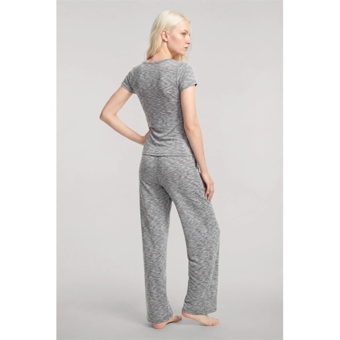 Moda Kadın Gri Melanj Yumuşak Dokulu Minimal V Yaka Üst Basic Günlük Şık Bluz