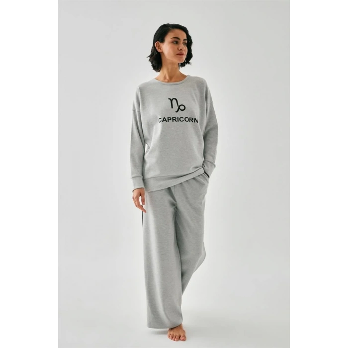 Moda Kadın Gri Oğlak Burcu Oversize 2 İplik Eşofman Ev Giyim Takımı