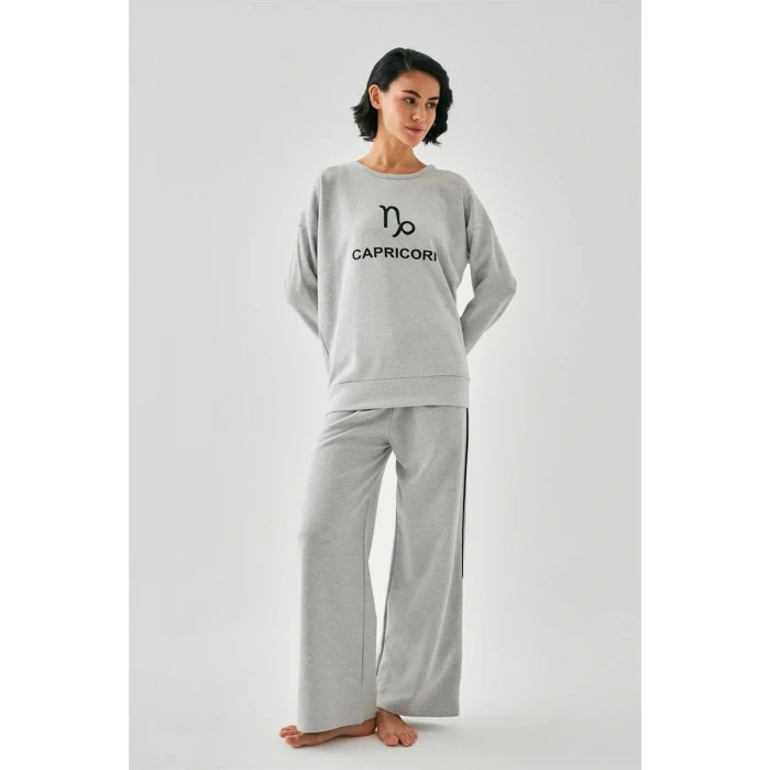 Moda Kadın Gri Oğlak Burcu Oversize 2 İplik Eşofman Ev Giyim Takımı