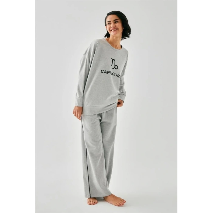 Moda Kadın Gri Oğlak Burcu Oversize 2 İplik Eşofman Ev Giyim Takımı