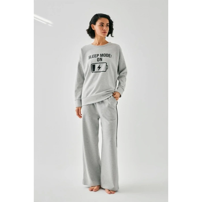 Moda Kadın Gri Sleep Mode ON Oversize 2 İplik Eşofman Ev Giyim Takımı