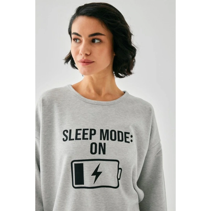 Moda Kadın Gri Sleep Mode ON Oversize 2 İplik Eşofman Ev Giyim Takımı