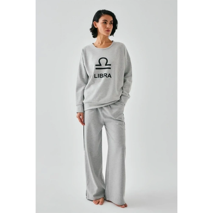 Moda Kadın Gri Terazi Burcu Oversize 2 İplik Eşofman Ev Giyim Takımı