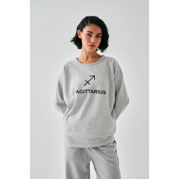 Moda Kadın Gri Yay Burcu Oversize 2 İplik Eşofman Ev Giyim Takımı