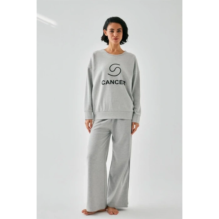Moda Kadın Gri Yengeç Burcu Oversize 2 İplik Eşofman Ev Giyim Takımı
