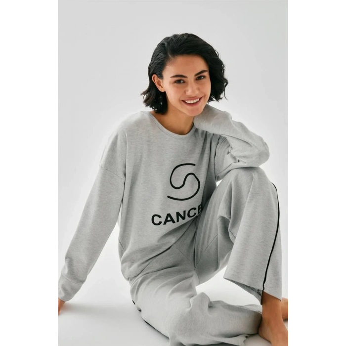 Moda Kadın Gri Yengeç Burcu Oversize 2 İplik Eşofman Ev Giyim Takımı