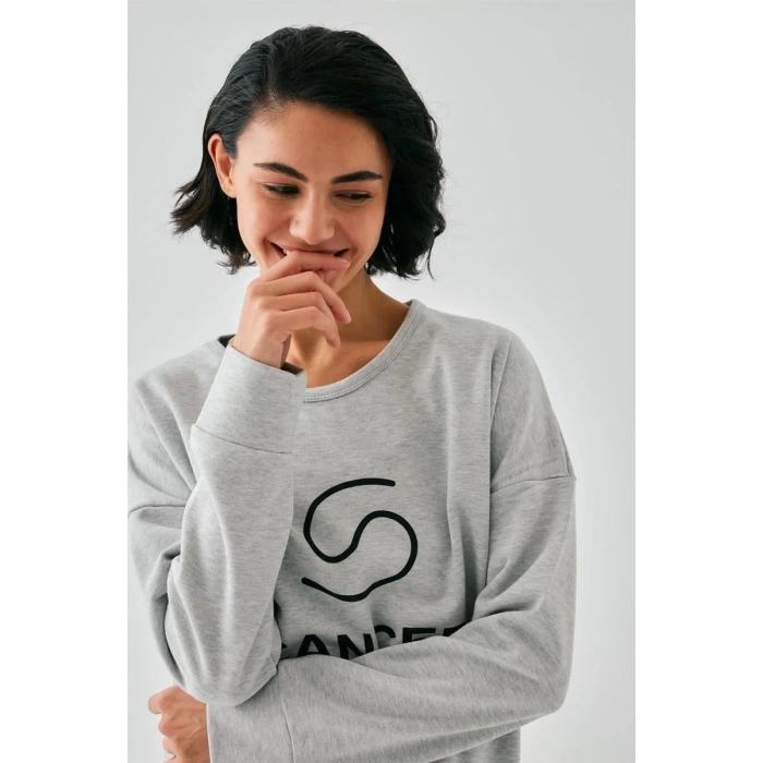 Moda Kadın Gri Yengeç Burcu Oversize 2 İplik Eşofman Ev Giyim Takımı