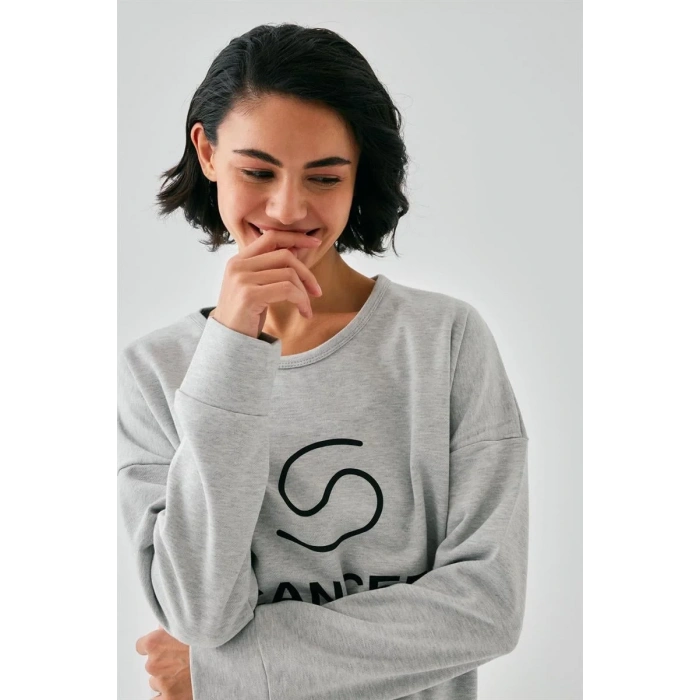 Moda Kadın Gri Yengeç Burcu Oversize 2 İplik Eşofman Ev Giyim Takımı
