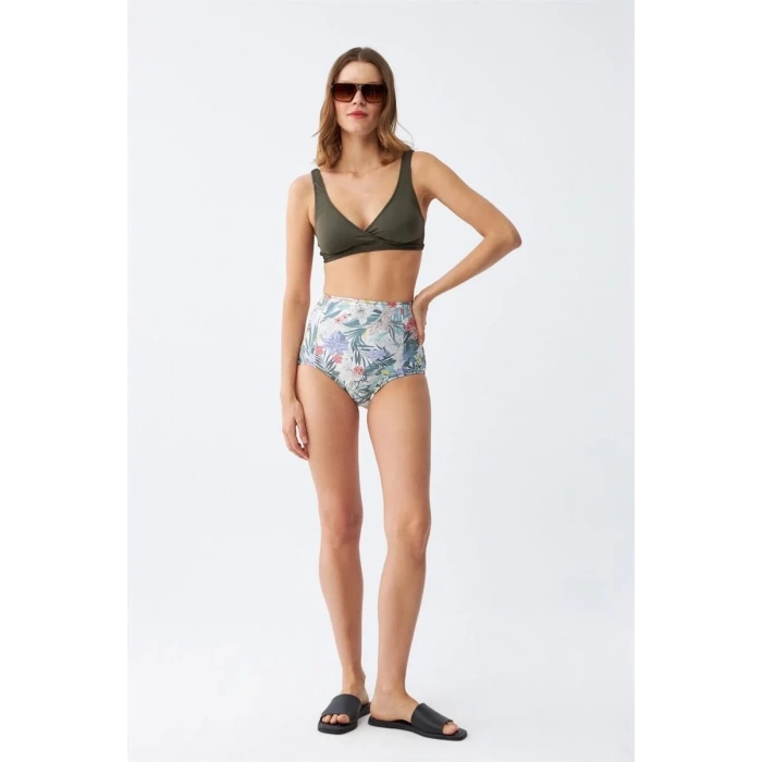 Moda Kadın Haki Pedli Üst ve Yüksek Bel Çiçek Desenli Bikini Takımı