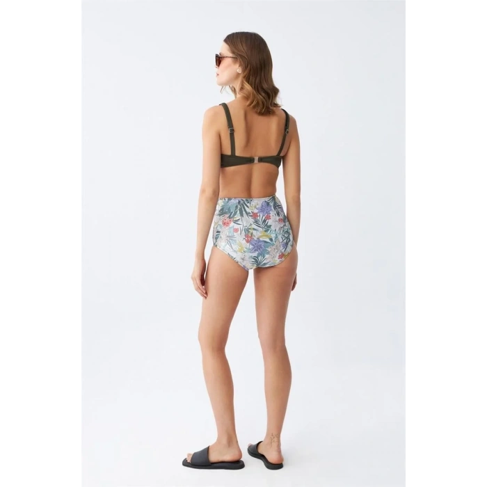 Moda Kadın Haki Pedli Üst ve Yüksek Bel Çiçek Desenli Bikini Takımı